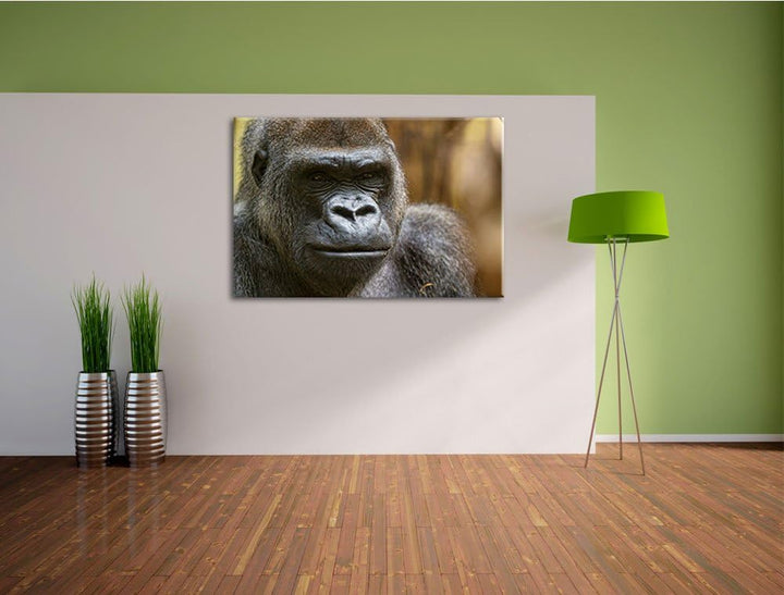 Pixxprint stolzer Gorilla auf Leinwand, XXL riesige Bilder fertig gerahmt mit Keilrahmen, Kunstdruck