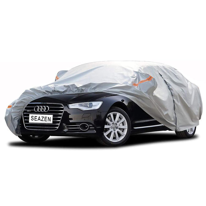 SEAZEN 6 Schichten Autoabdeckung, Wetterfeste Allwetter Auto-Abdeckung mit Reissverschlusstür, Schne