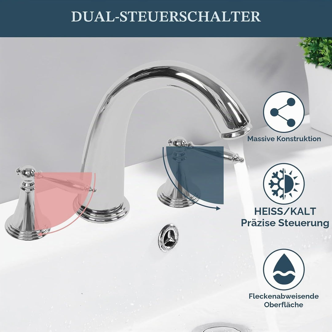 3 Loch Waschtisch Armatur, Vintage Waschbecken Mischbatterie mit Doppelgriff, Vollkupfer Deckmontage