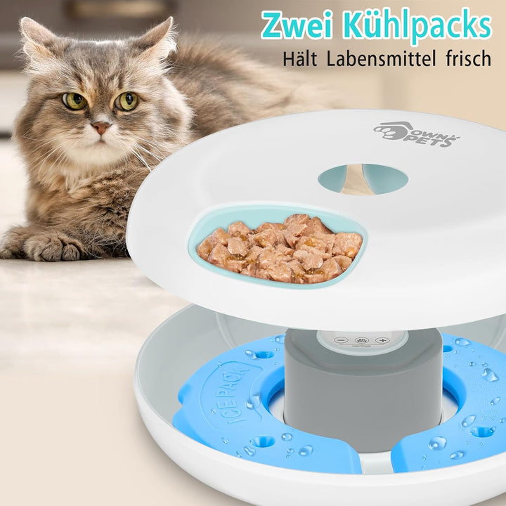 Ownpets 6 Mahlzeiten Automatischer Katzenfutterautomat für Nass/Trockenfutter, mit 2 Kühlakkus, prog