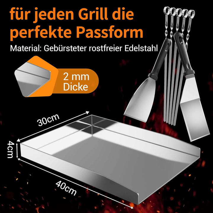 Edelstahl-Grillplatte – Dick &amp; Rostfrei, inkl. 2 Grillspachteln &amp; 5 Spiessen – Für die meisten Gas-
