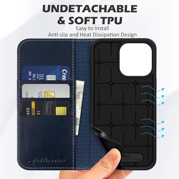 SHIELDON Hülle für iPhone 15 Pro Max, Schutzhülle [Rindsleder] [Stossfest] [Kartenfach] [Magnet] [St