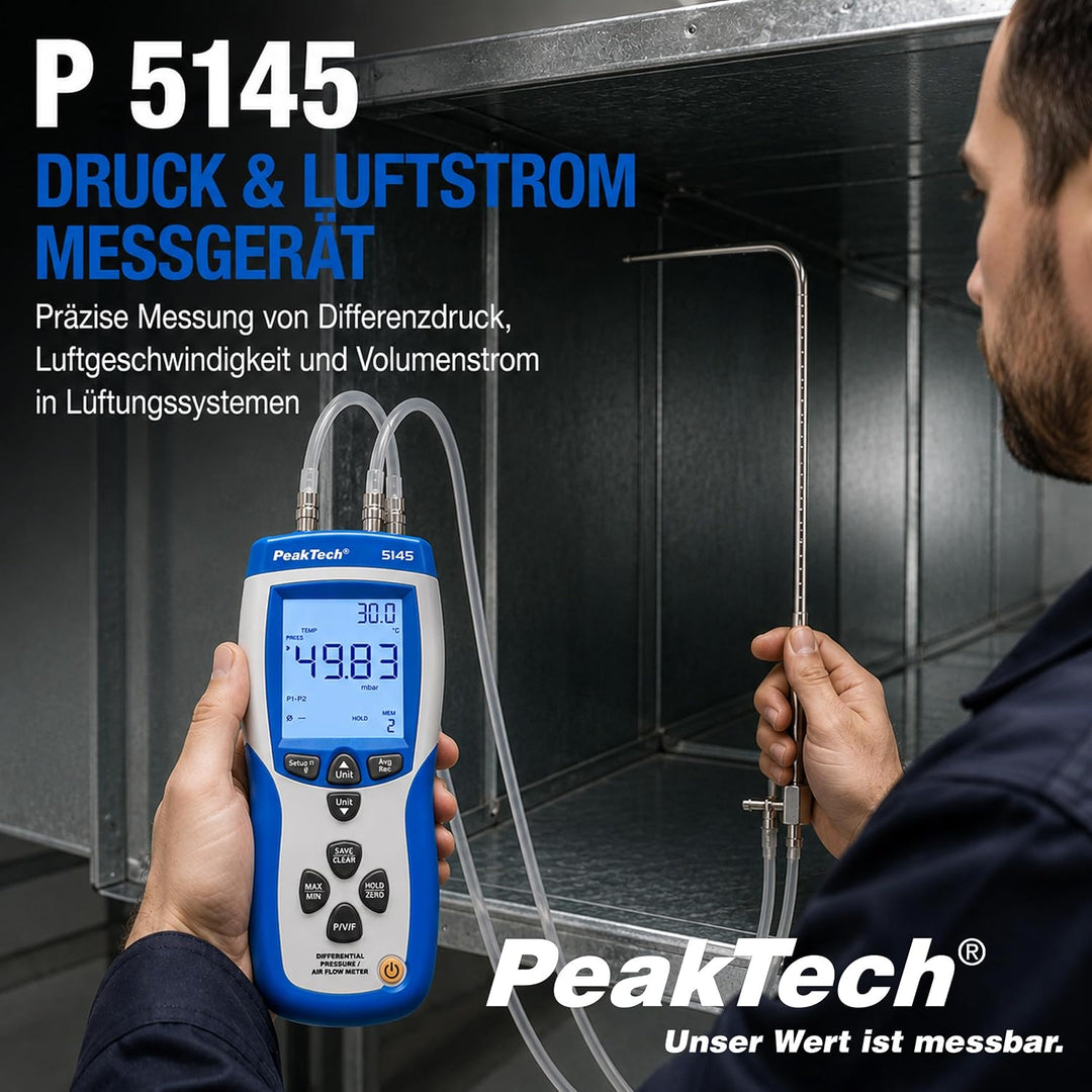 PeakTech P 5145 2 in 1 Differenz-Druckmessgerät und Luftgeschwindigkeitsmesser mit Pitot Rohr, Diffe