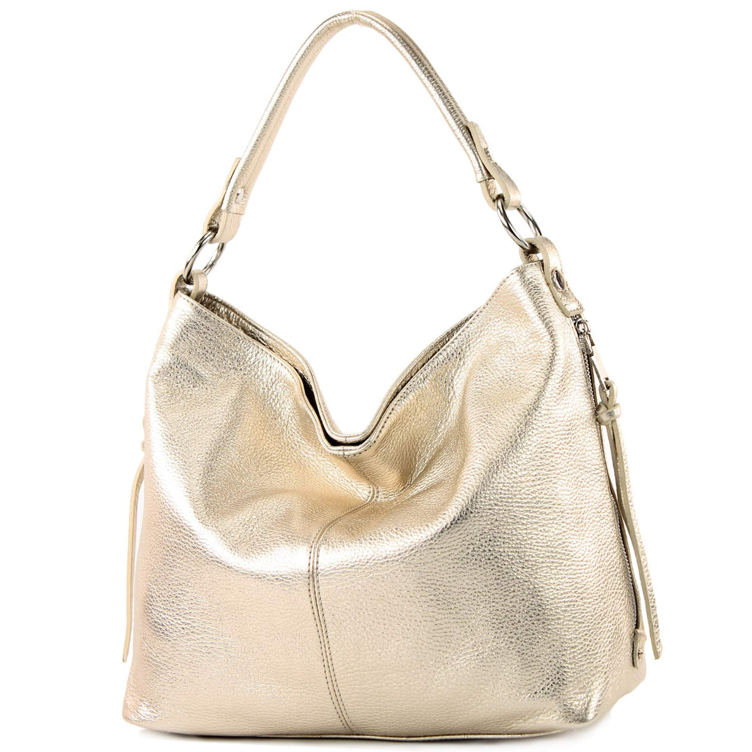 modamoda de T160 Damen Leder Schultertasche Gross, handmade in Italy Light Gold, Light Gold