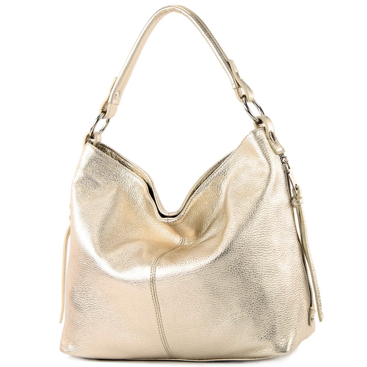 modamoda de T160 Damen Leder Schultertasche Gross, handmade in Italy Light Gold, Light Gold