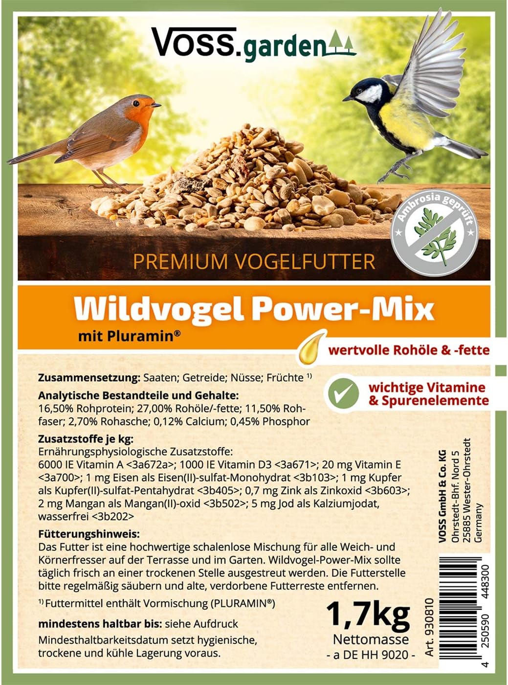 VOSS.garden Vogelhaus „Odensee“ Fichte rund inkl. Vogelfutter und Metallständer schwarz, Dach verzin