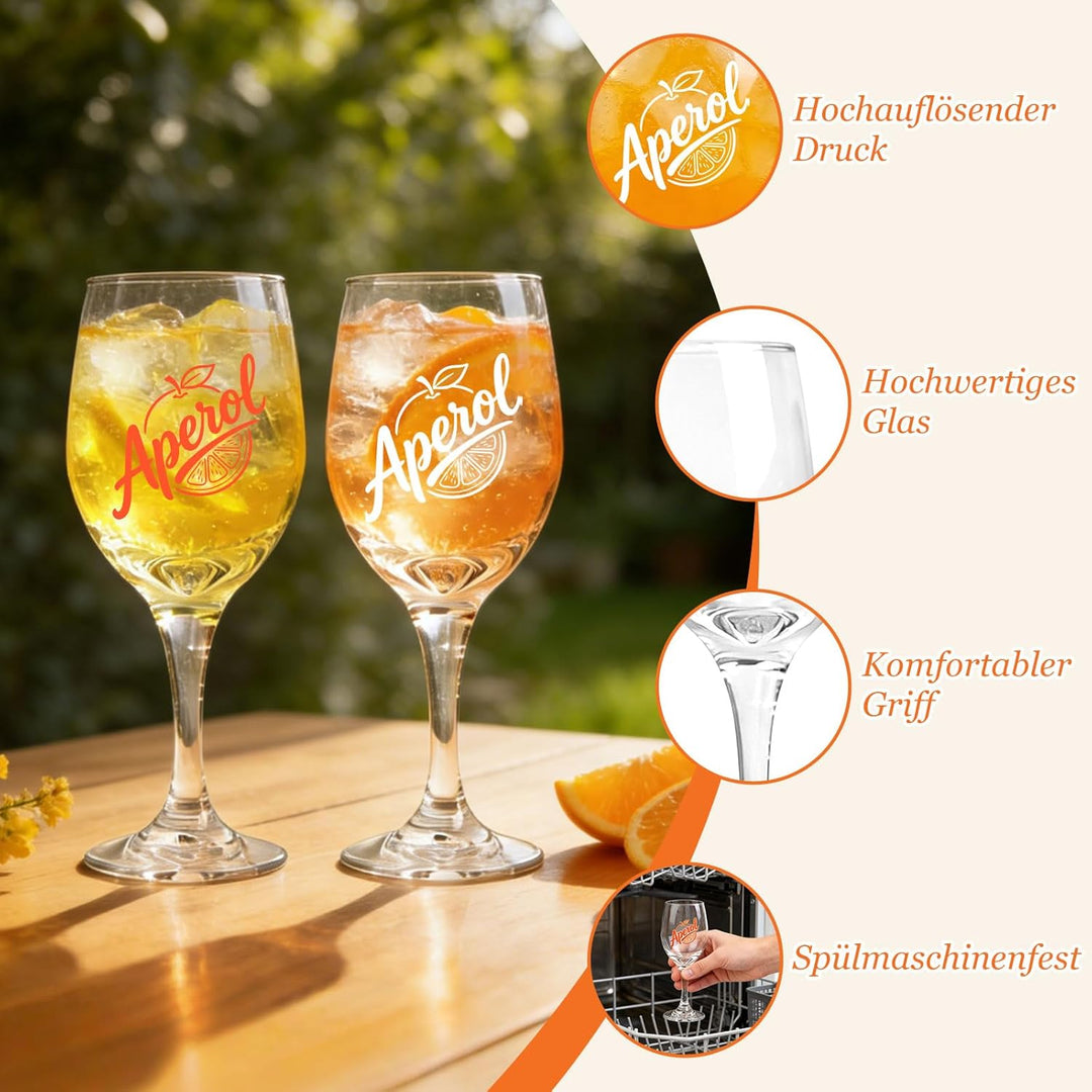 Aperol Geschenkset mit 2 Gläsern (430ml), Untersetzern, Trinkhalmen, Reinigungsbürste und Geschenkbo