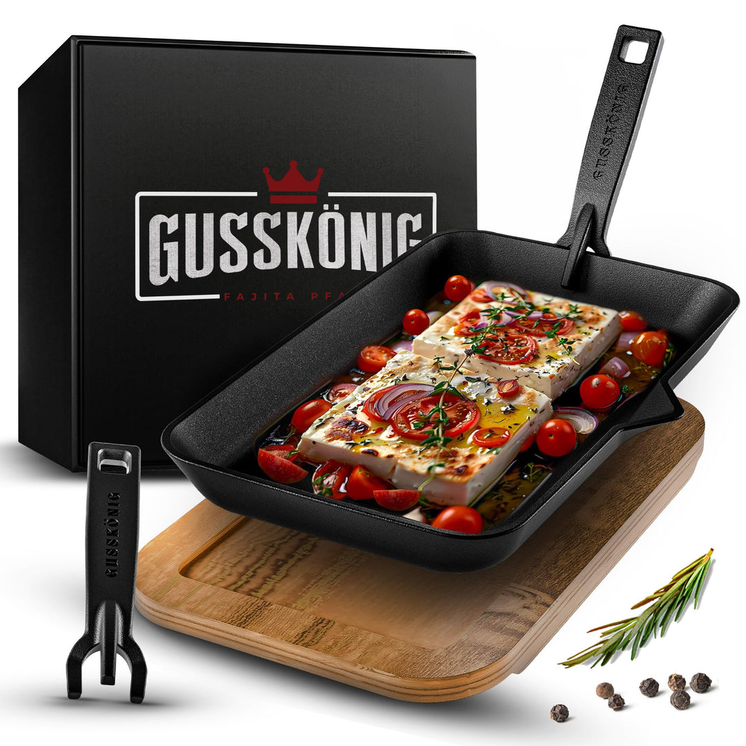 GUSSKÖNIG Fajita-Pfanne aus Gusseisen inkl. Sossenschale &amp; Servierbrett aus Akazienholz - Gusseisen