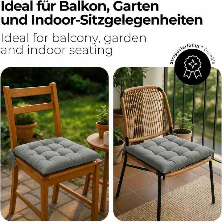 etérea 2er Set Sitzkissen Outdoor 40x40 mit Bändern - Stuhlkissen Grau für Gartenstuhl &amp; Innenbereic