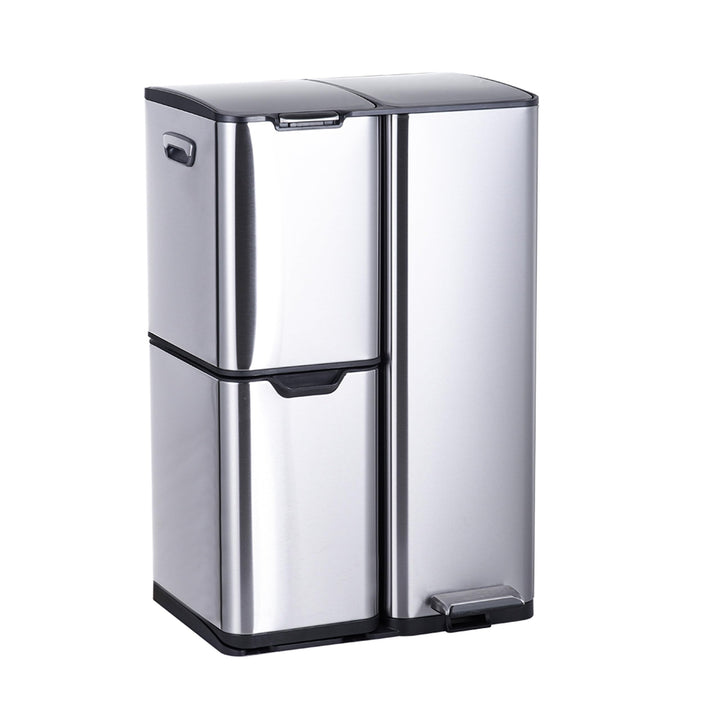 Relaxdays Mülleimer, 3 Fächer, 60 L, entnehmbare Inneneimer, Soft Close, Fusspedal, Edelstahl, Müllt