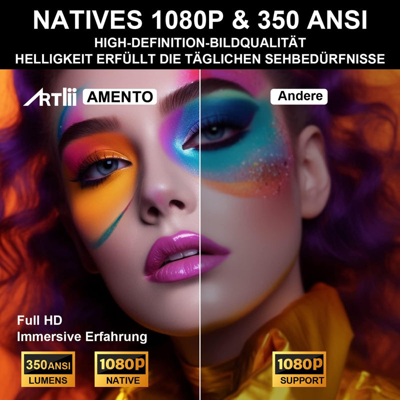 【Autofokus/Autotrapezkorrektur】 Artlii Amento Beamer 4K,450 ANSI Full HD Beamer Native 1080P, Smart