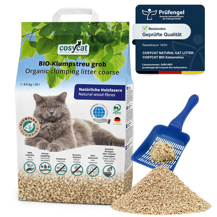 COSYCAT Klumpendes Bio-Katzenstreu aus Holz [100% Natürlich] – GROB - 20 l - in der Toilette entsorg