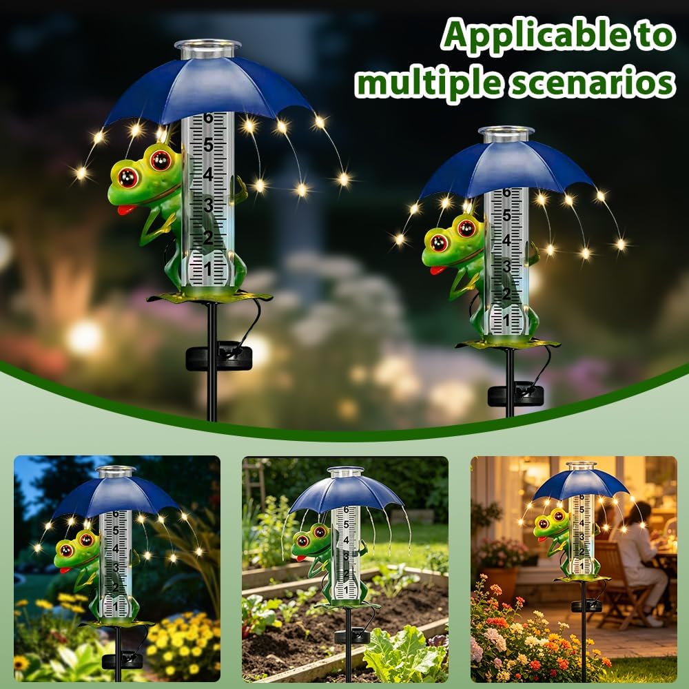 7-Zoll Regenmesser, Niederschlagsmesser mit Erdspiess und Solar-LED-Leuchten, Frosch Regenmesser Fro