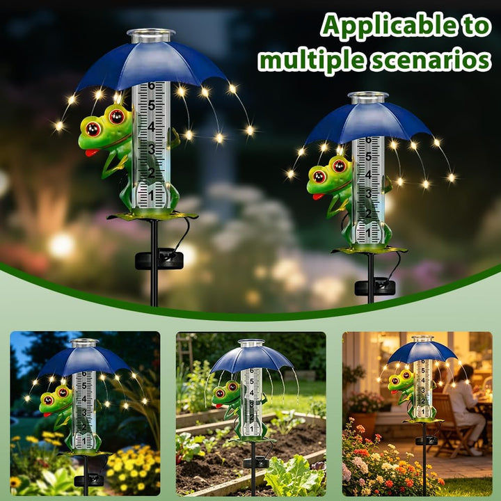 7-Zoll Regenmesser, Niederschlagsmesser mit Erdspiess und Solar-LED-Leuchten, Frosch Regenmesser Fro
