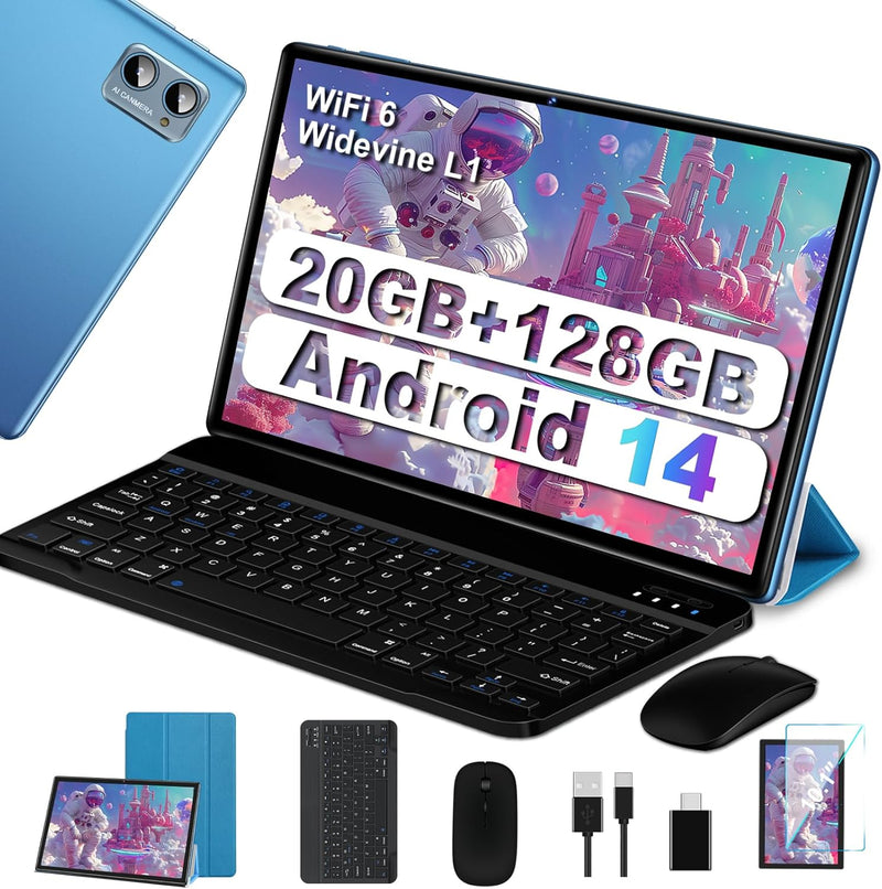 2025 Neueste Tablet 10 Zoll mit Widevine L1, Android 14 Tablet, 20GB RAM+128GB ROM(TF 1TB), Octa-Cor