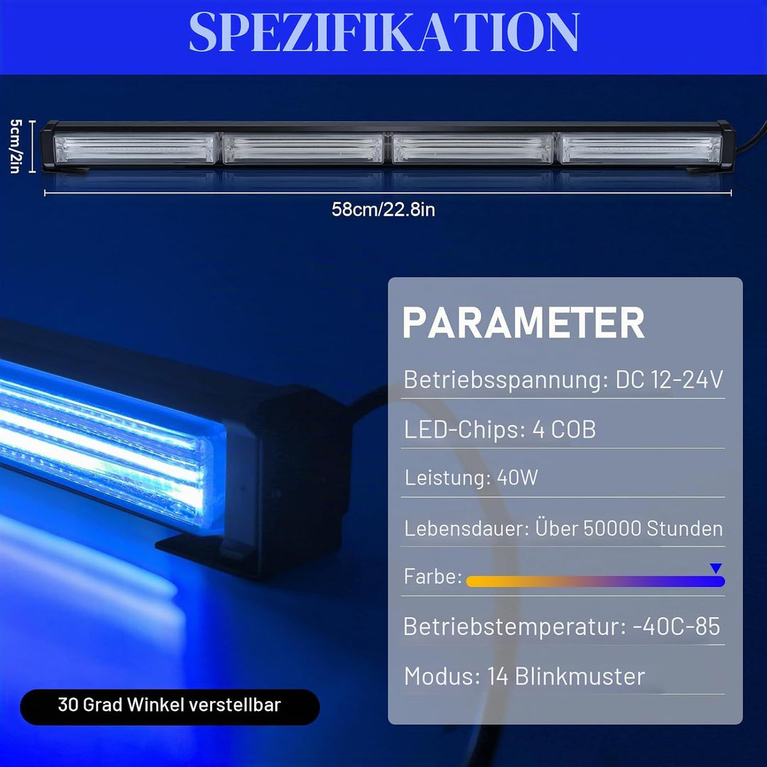 58 cm LED Rundumkennleuchte 80W Blau Rundumleuchte für Auto Anhänger Wohnwagen SUV -17 Blinkende Str