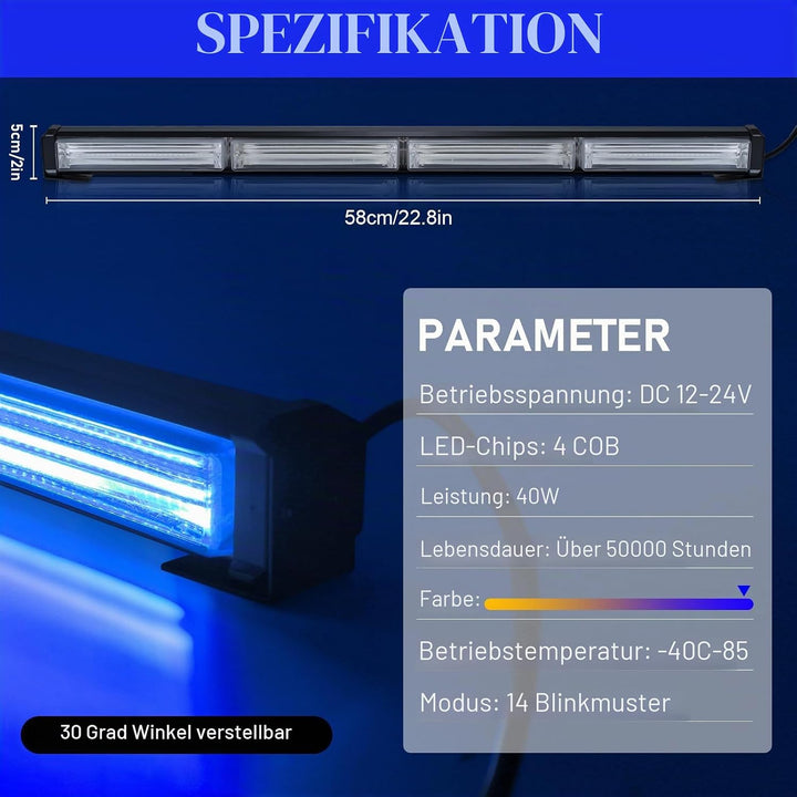 58 cm LED Rundumkennleuchte 80W Blau Rundumleuchte für Auto Anhänger Wohnwagen SUV -17 Blinkende Str