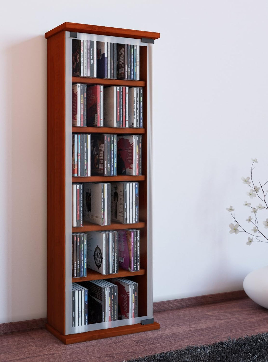 VCM Holz CD DVD Stand Regal Schrank Aufbewahrung Standregal Ständer Classic Glastür Kern-Nussbaum, K