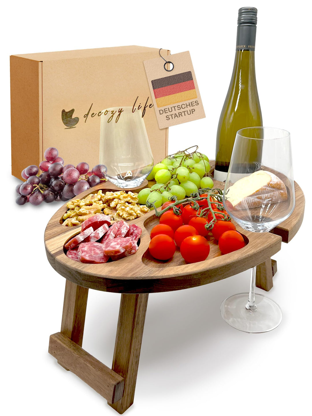 Weintisch Akazie Massivholz - Weinbar & Weintablett für Zuhause oder Outdoor - geeignet als Picknick