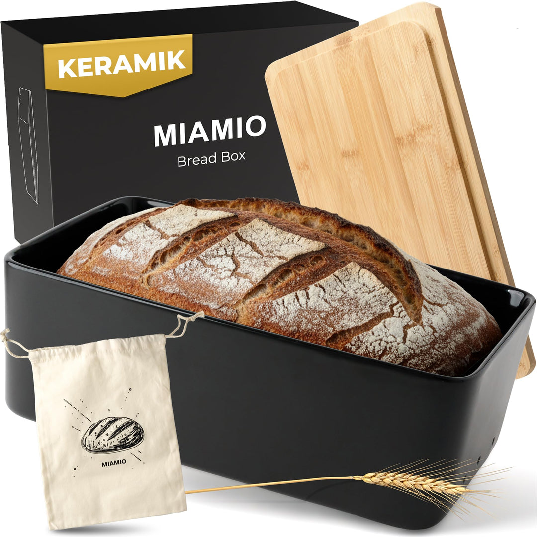 MIAMIO – Brotkasten mit Bambusdeckel/Brotkasten Keramik, Brotbox mit Holzdeckel verwendbar als Schne
