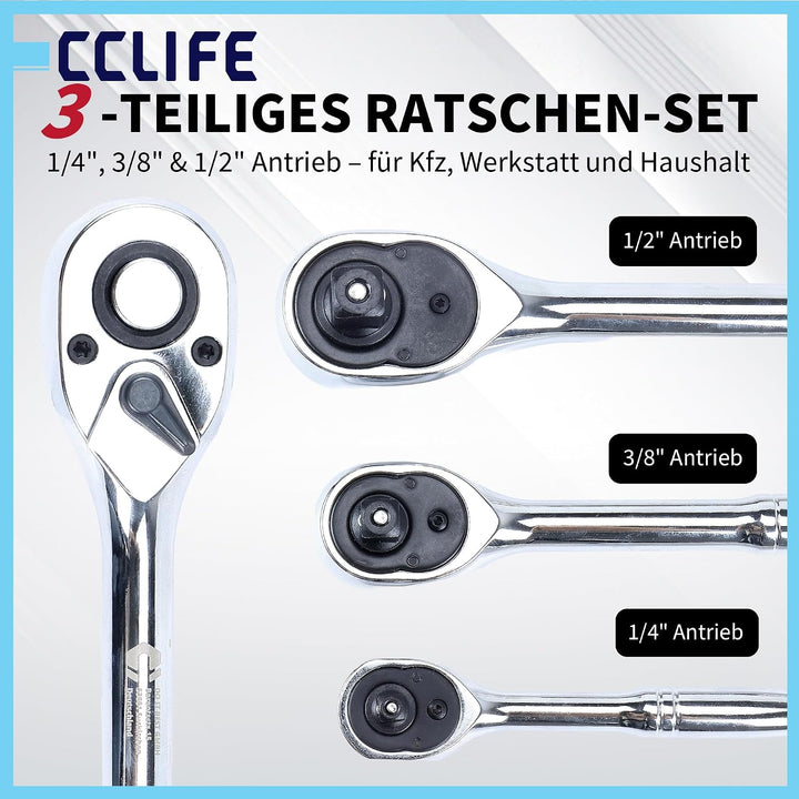 CCLIFE Ratschen set, 3-tlg, 1/4" 3/8" 1/2" 72-Zahn 140/200/245 mm Antrieb Ratschen-Satz, 3-tlg., Rat