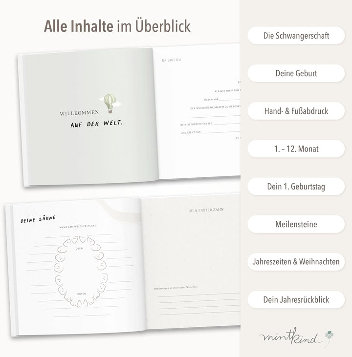 mintkind® Babytagebuch mein erstes Jahr Babyalbum Erinnerungsbuch Baby Coffee Table Edition Leinenei