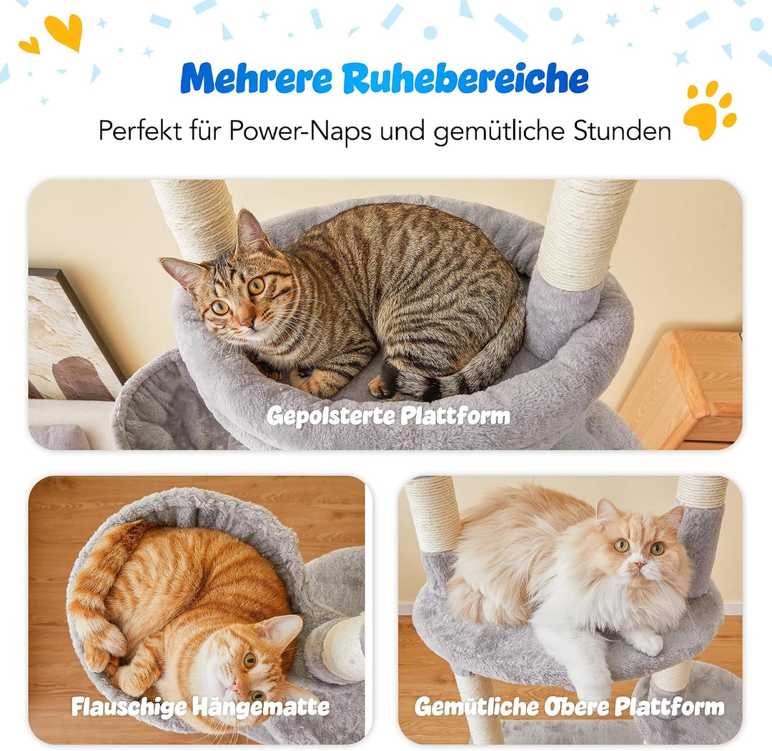 Deckenhoher Katzenbaum 234-259 cm höhenverstellbar, 2-Säulen-Design mit 12 Sisal-Pfosten, mehrstöcki