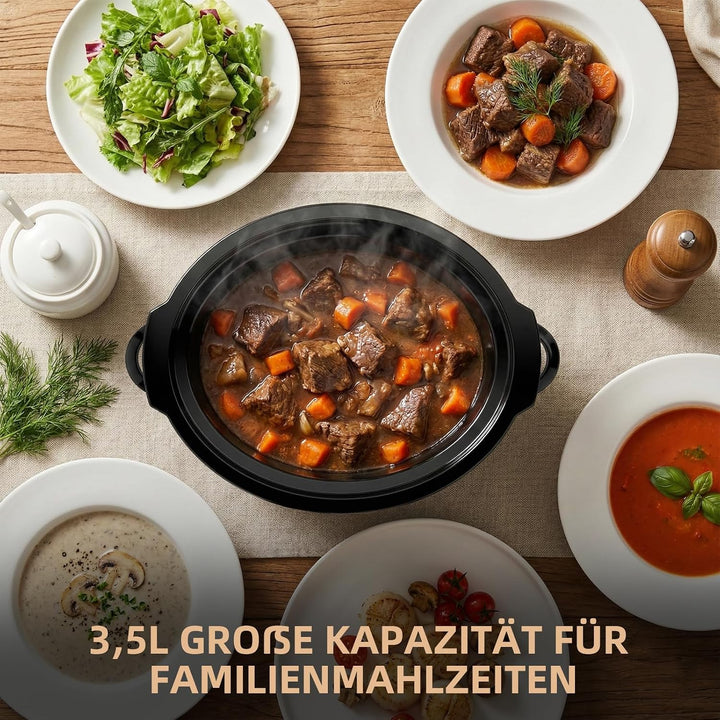Slow Cooker 3.5L Elektrischer Schongarer Keramiktopf | Glasdeckel Temperaturstufen Warmhaltefunktion