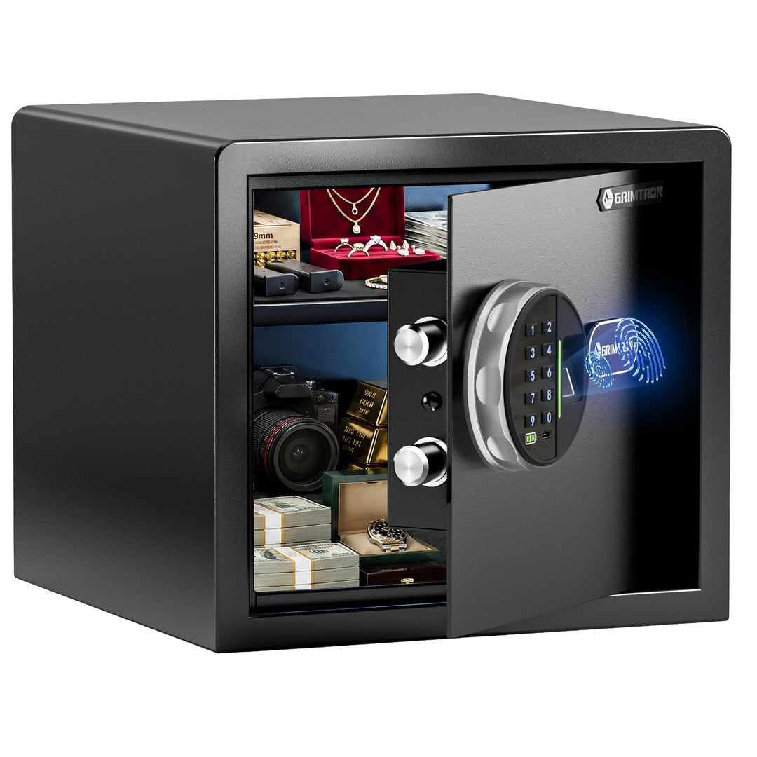 Grimtron Biometrischer Fingerabdruck-Tresor – 22L Sicherheitsbox mit LED-Beleuchtung, leisem Modus,