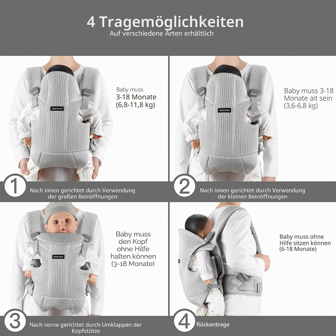 Bebamour Babytrage Vorder und Rückentrage mit 2 Schulterlätzchen,Light Grey, Light Grey