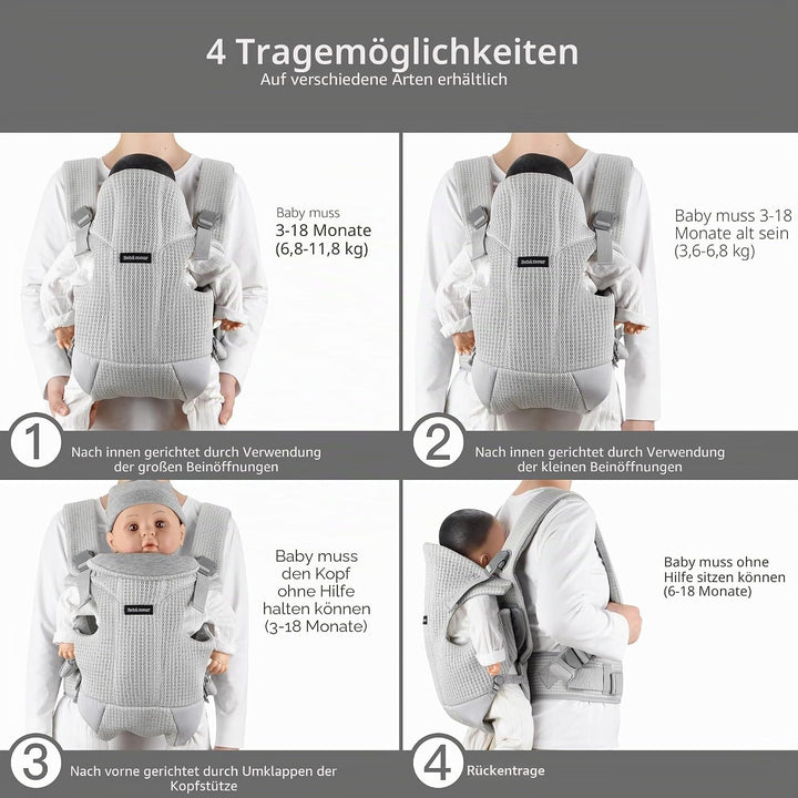 Bebamour Babytrage Vorder und Rückentrage mit 2 Schulterlätzchen,Light Grey, Light Grey
