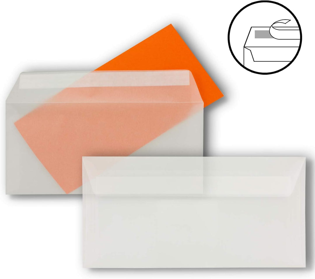 50x Brief-Umschläge DIN Lang - Transparent - 92 g/m² - 11 x 22 cm - Haftklebung mit Abziehstreifen -