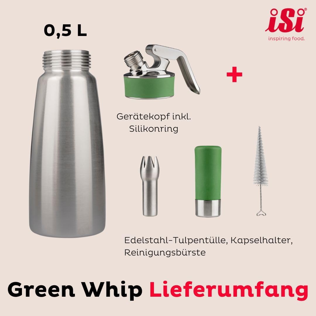 iSi Sahnespender Green Whip für vegane und tierische Schlagsahne - 0,5L - Sahnesyphon aus rostfreiem