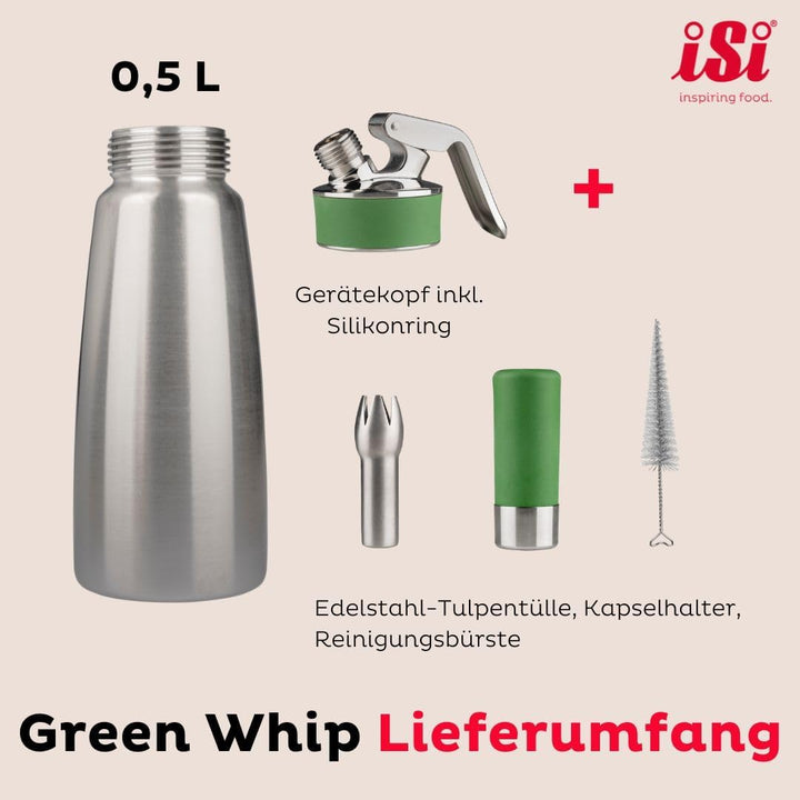 iSi Sahnespender Green Whip für vegane und tierische Schlagsahne - 0,5L - Sahnesyphon aus rostfreiem