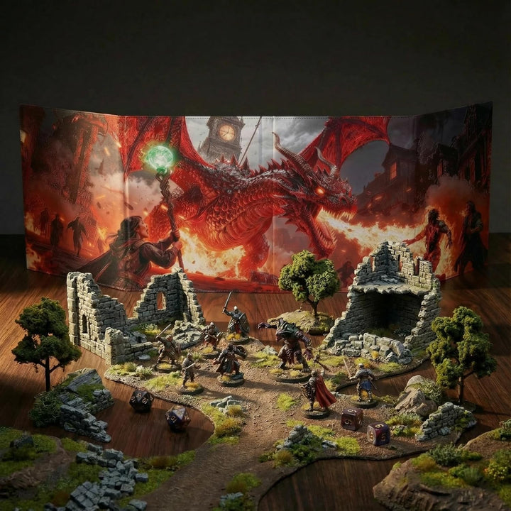 DND 5e DM Screen Deluxe-8 Kunstleder-Panels 2 schwenkbaren Nasslösch-Taschen&3D Relief Drachen Krieg