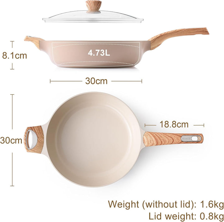 SENSARTE 30cm Beige Keramik Tiefe Bratpfanne mit Deckel, 4.7L Sautepfanne mit Deckel, Grosse Bratpfa