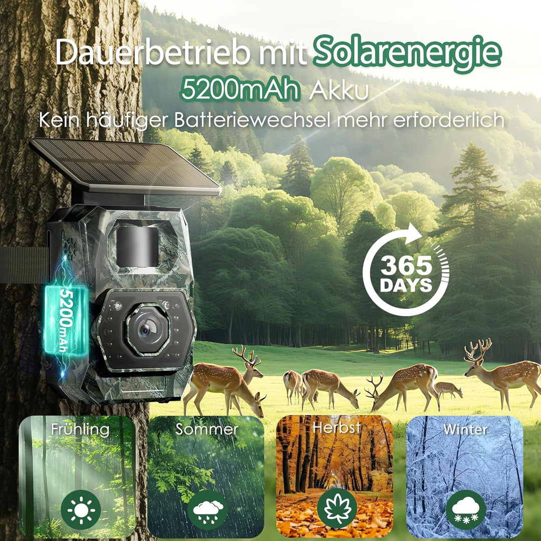 WLAN Wildkamera mit Handyübertragung App - Wildtierkamera mit Nachtsicht Bewegungsmelder Solar Wildk