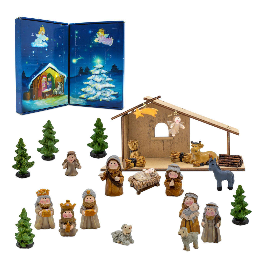 Spetebo Holz Weihnachts Krippenstall mit Kunststeinfiguren - 26 x 13 cm - Weihnachtskrippe Adventska