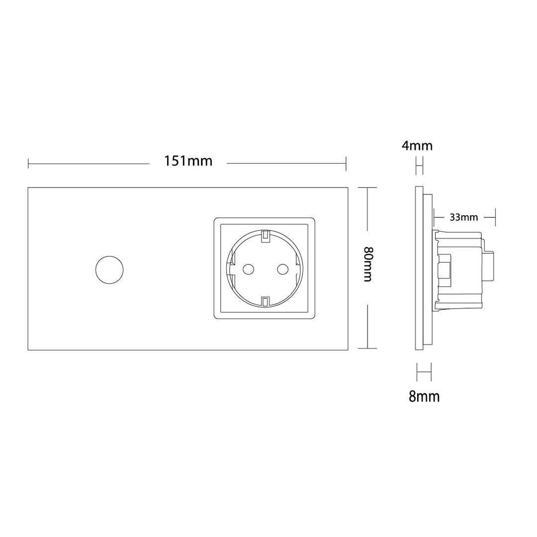 Kombination Design Glas Touch Lichtschalter 1 fach und Glas 1 fach Steckdose weiss