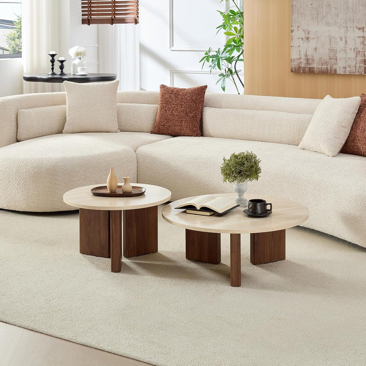 Home-Heaven® Couchtisch Rund Travertin mit Braun Holz – Set von 2 Ø76 cm & Ø58 cm, Travertin