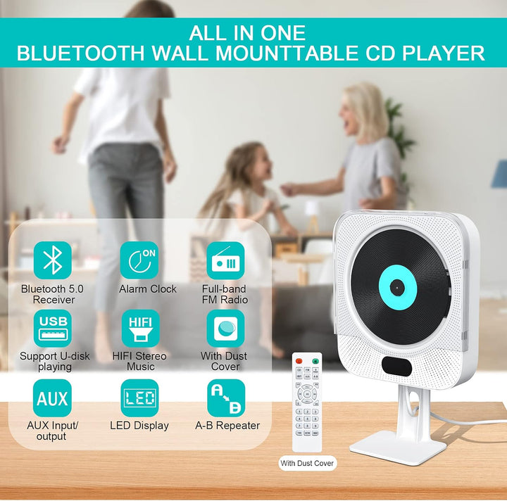CD Player Wandmontage Bluetooth, Gueray Tragbarer CD Player HiFi Lautsprecher Fernbedienung LED-Disp