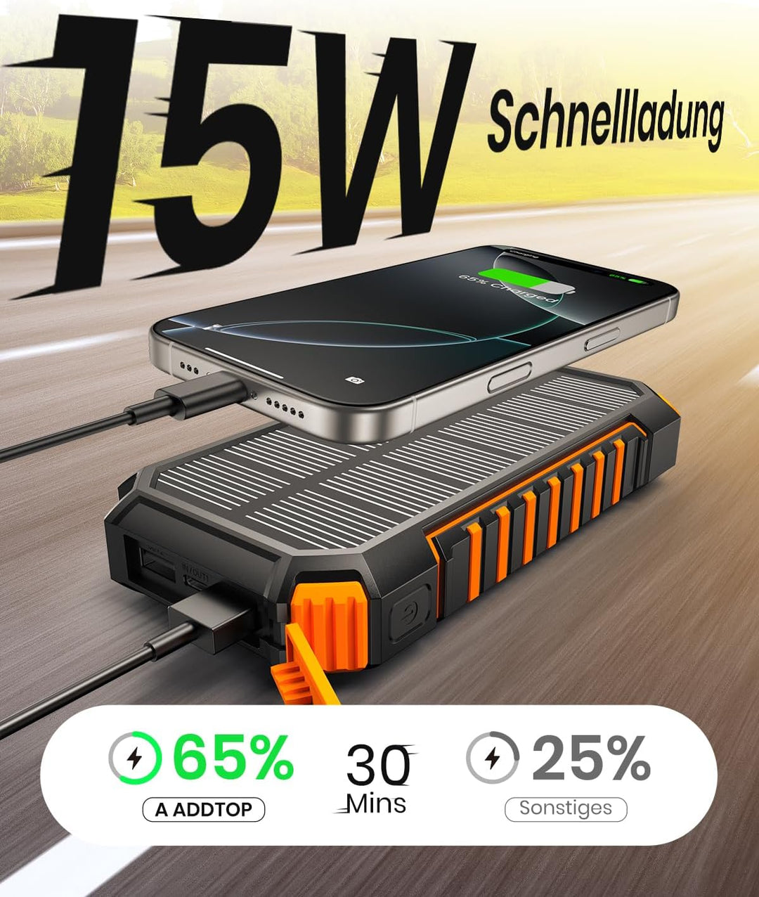 A ADDTOP Solar Power Bank – 26800mAh kabelloses PowerBank mit USB C – 3,0A Schnellladefunktion Tragb