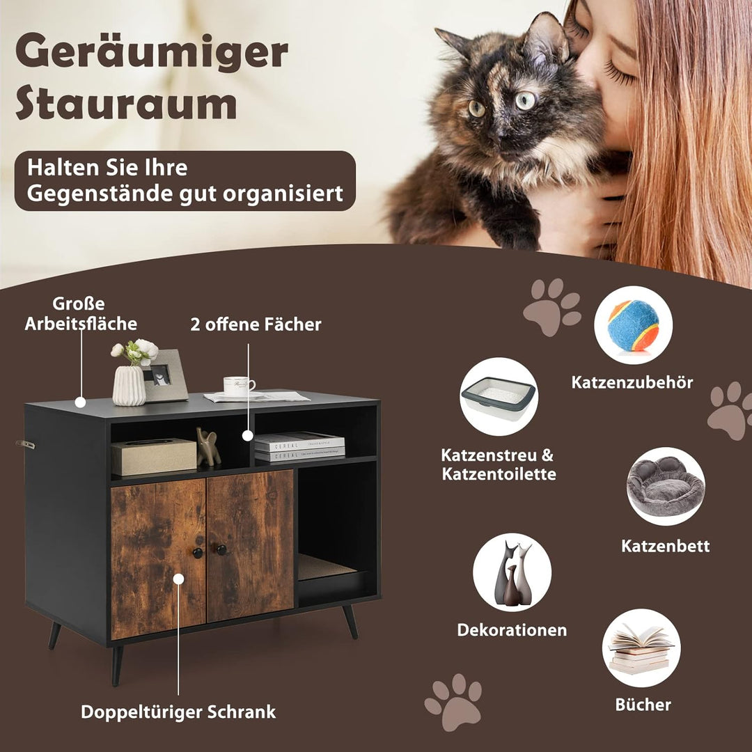 COSTWAY Katzenschrank für Katzentoilette, Katzenklo Schrank mit Kratzbrett, Doppeltüren, 2 offenen F