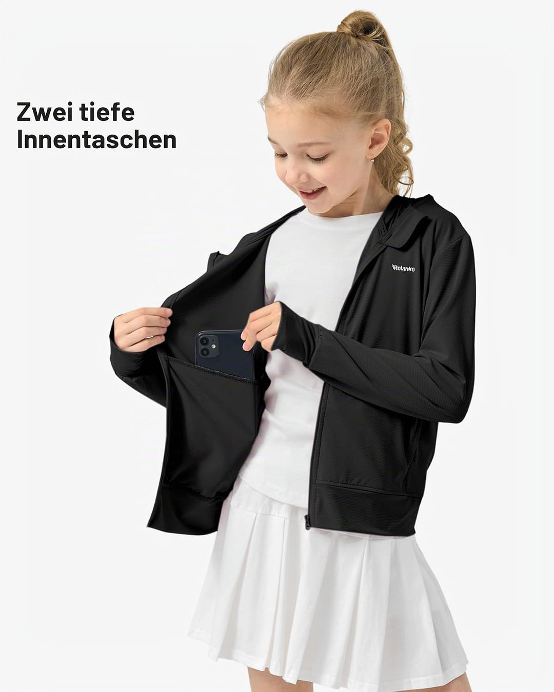 Rolanko Mädchen Sommerjacke mit Daumenlöchern Langarm Sonnenschutz Schnell Trocknend Reissverschluss