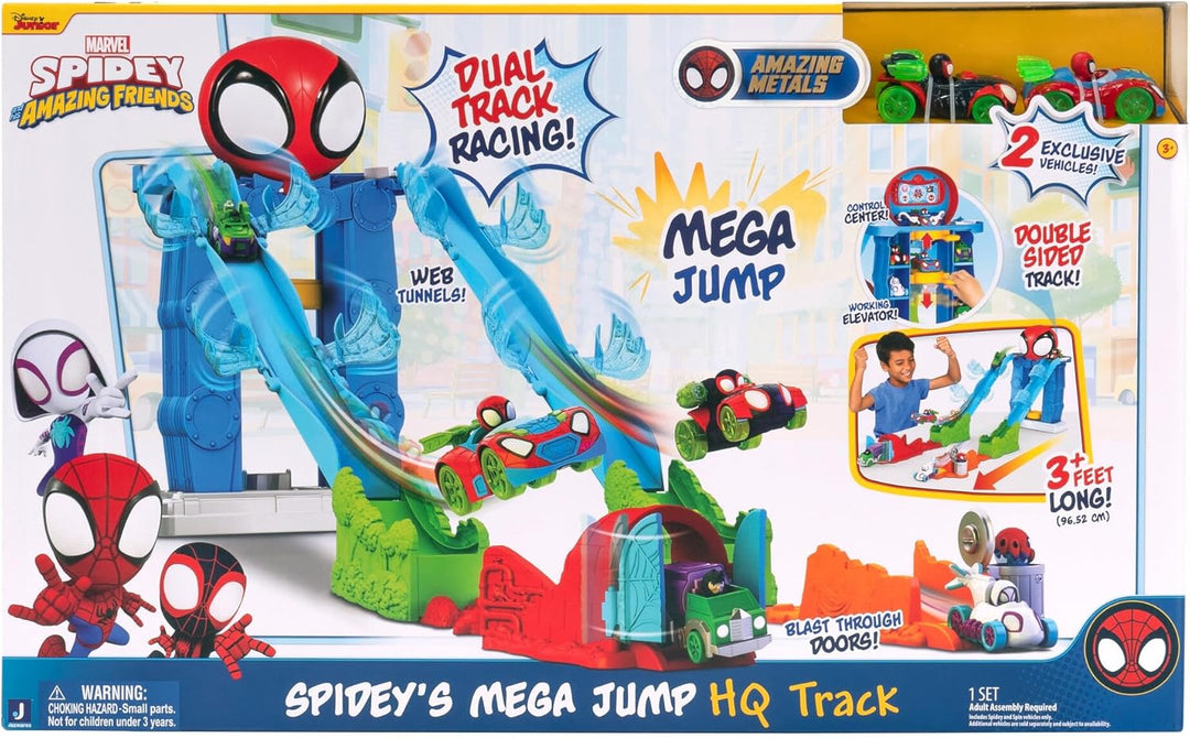 Spidey und Seine Super-Freunde SNF0273 - Mega Jump Rennstrecke mit 2 Metallfahrzeugen, ab 3 Jahren
