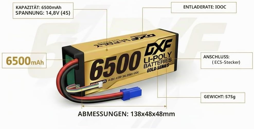 DXF 2 Stück 4S 14,8 V 6500 mAh 100C RC Lipo Akku Hard Case EC5 Anschluss für RC 1/8 Buggy Truggy Car