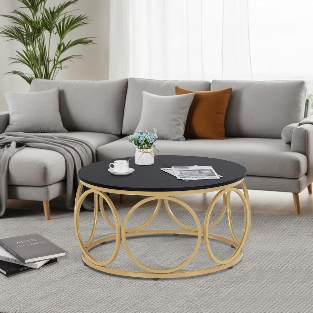 M MCombo Couchtisch Rund Holz, Modern Sofatisch Schwarz-Gold, Klein Kaffeetisch Metallgestell, Beist