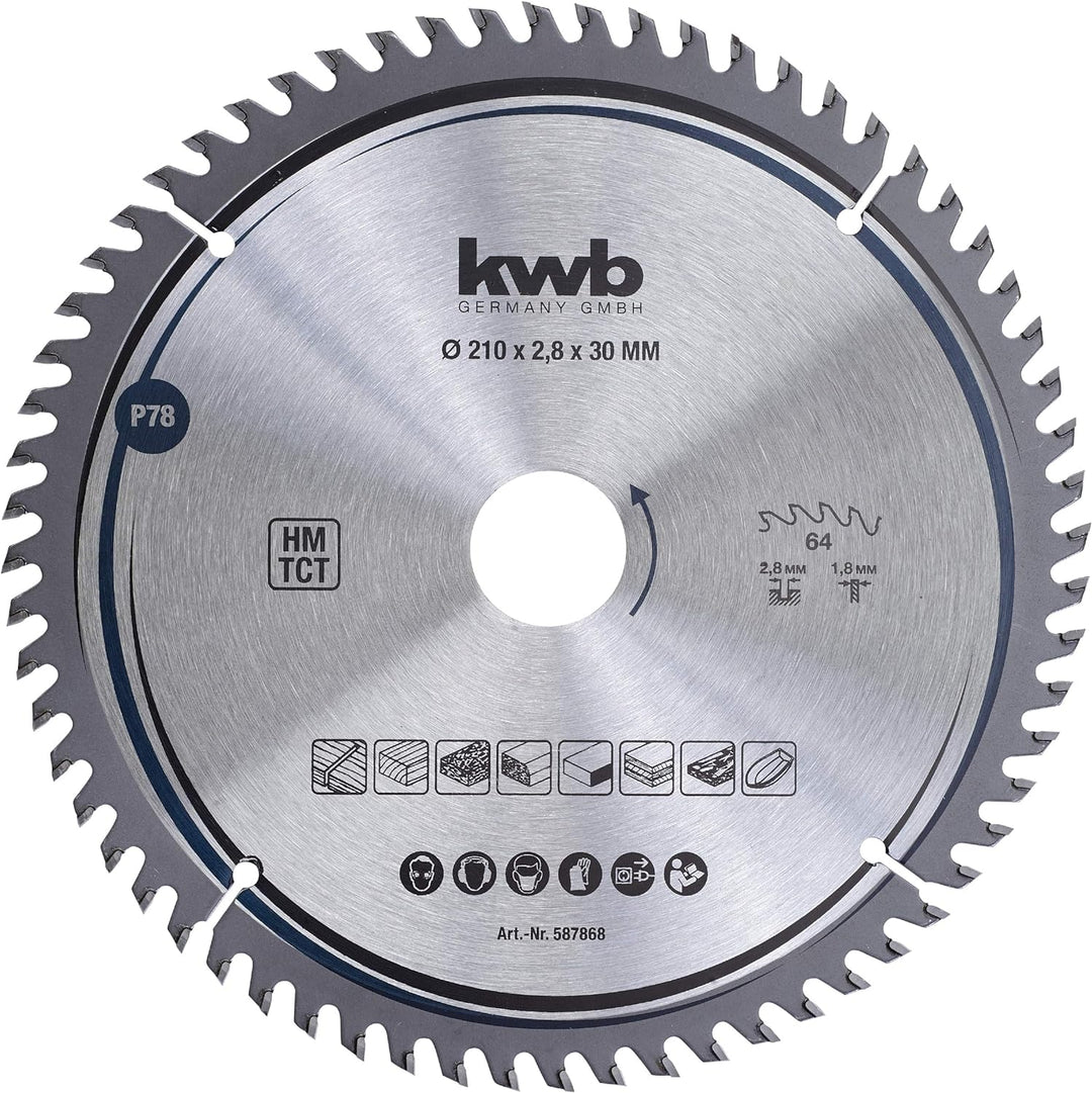 kwb Kreissägeblatt 210 x 30 mm, sehr feiner Schnitt, Sägeblatt geeignet für Arbeitsplatten, Holz und