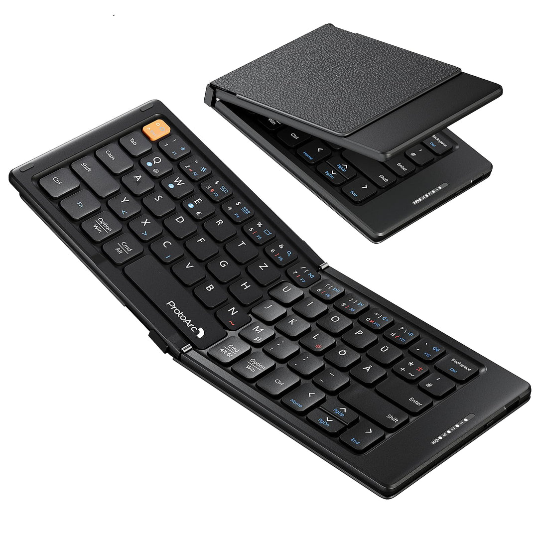 ProtoArc Faltbare Kompakte Tastatur QWERTZ, XK04 Tragbare Bluetooth-Tastatur mit PU-Lederhülle, Kabe