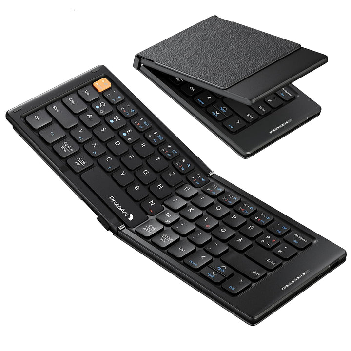 ProtoArc Faltbare Kompakte Tastatur QWERTZ, XK04 Tragbare Bluetooth-Tastatur mit PU-Lederhülle, Kabe